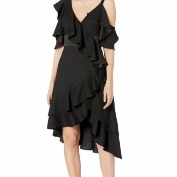 LAUNDRY BY SHELLI SEGAL Crepe Back Satin Ruffle Cocktail Dress Black 6 - Picture 2 of 5
